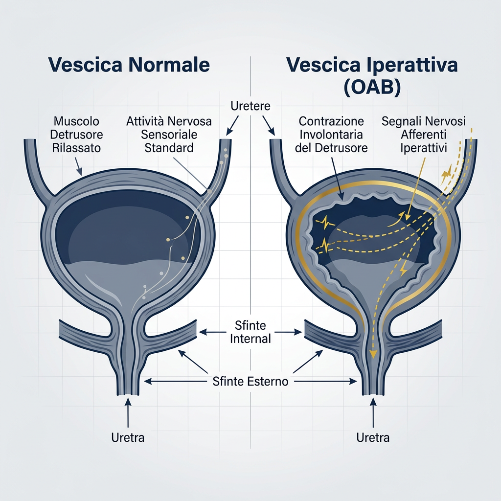 Infografica scientifica: Vescica iperattiva e urgenza minzionale: cause, diagnosi e trattamenti
